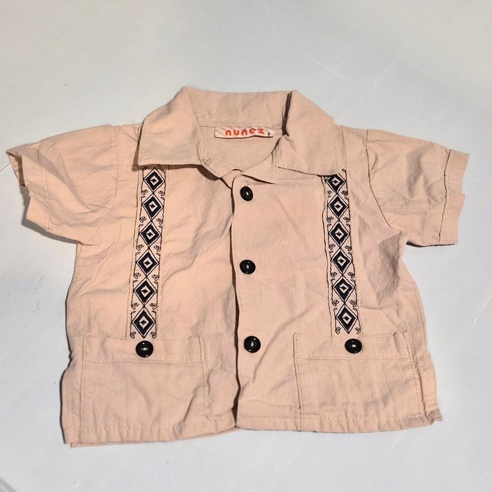 VTG Nunez Guayabera Baby Boys Shirt Embroidered Toddler Beige Size 0